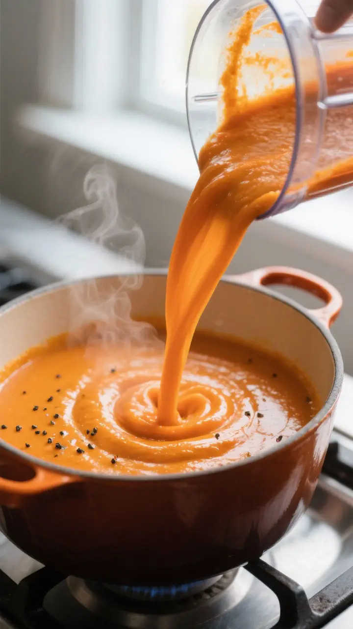 Close-up detail: Silky carrot–ginger puree being poured from a high-speed blender back into a warm