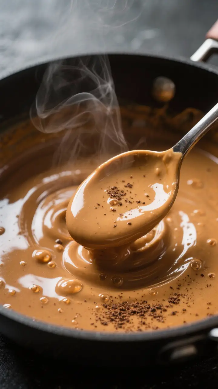Close-up detail: Silky coffee–butterscotch custard being whisked in a saucepan just as it thickens