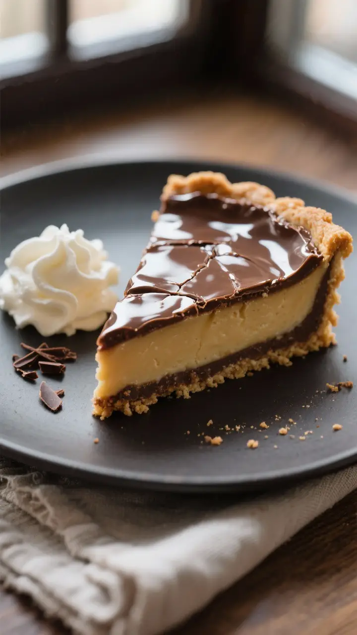 Close-up detail: Silky Edelweiss Fudge Pie slice just cut, showing glossy, lightly crackled top and 