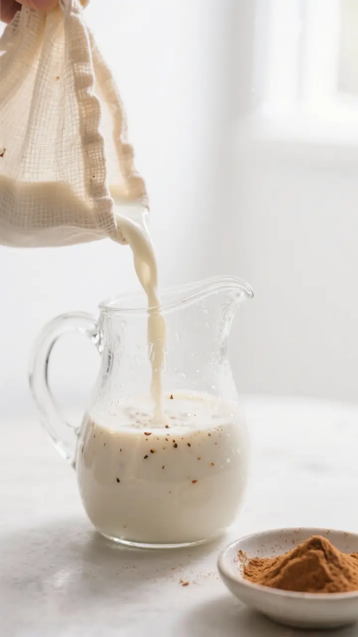 Close-up detail: Silky, freshly strained horchata pouring from a nut milk bag into a clear glass pit