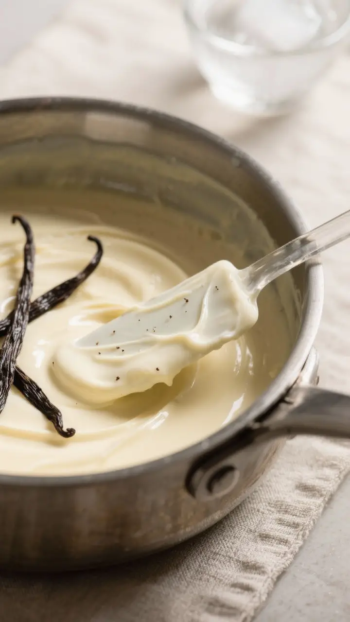 Close-up detail: Silky vanilla custard base coating the back of a spatula, clear finger swipe line v