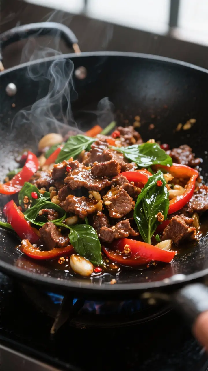 Close-up detail: Sizzling Thai Basil Beef Pad Gra Prow in a wok at medium-high heat, showing caramel