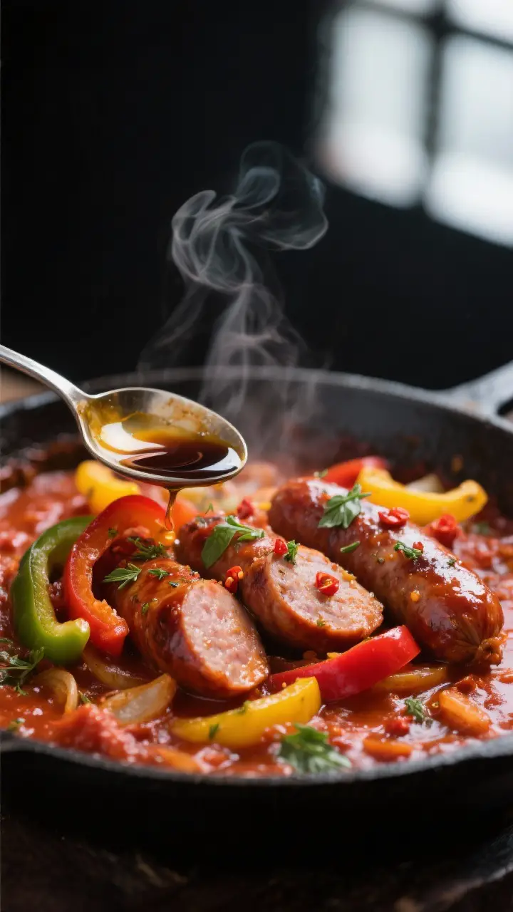 Close-up detail: Sliced Italian sausage nestled in a rich, chunky tomato-pepper-onion sauce just aft