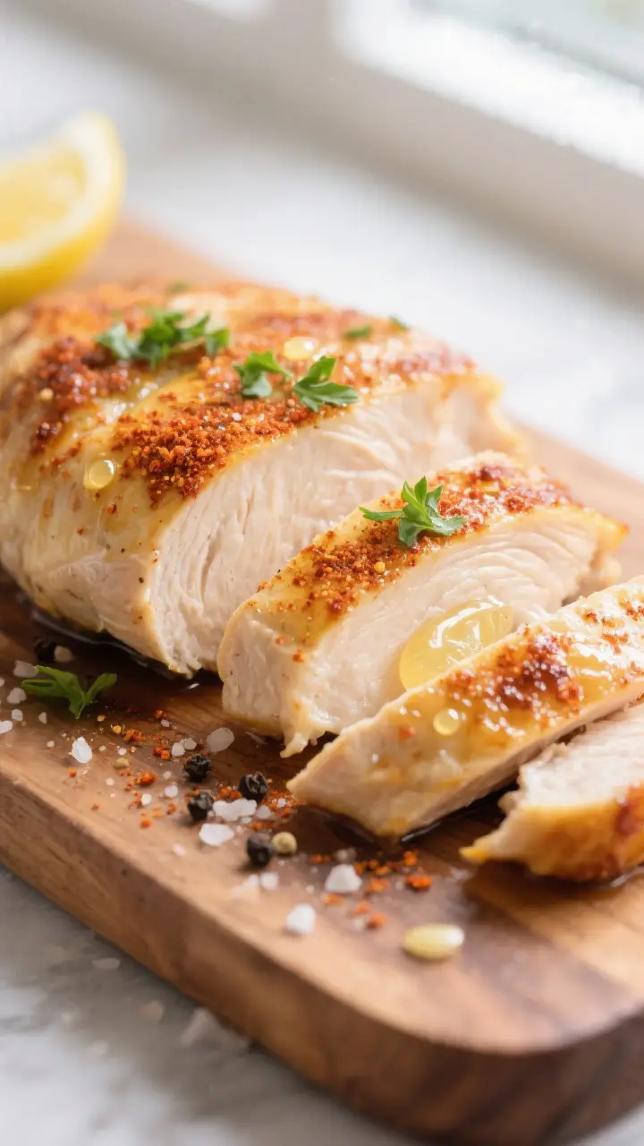 Close-up detail: Sliced oven-baked boneless chicken breast resting on a wooden board, showing gliste