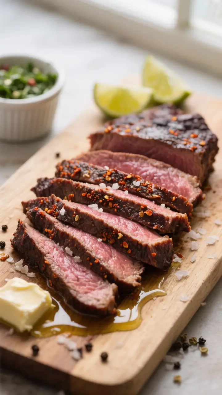 Close-up detail: Sliced smoked flank steak fanned on a cutting board, medium-rare center glowing ros