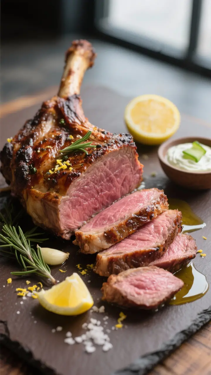 Close-up detail: Sliced smoked leg of lamb, medium-rare with a rosy pink center and a deep, carameli