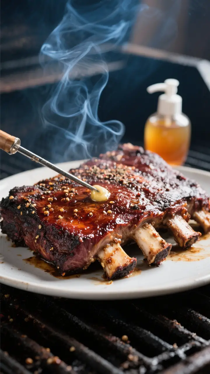 Close-up detail: Smoked beef plate ribs fresh off the smoker, bone-side down, showcasing a deep maho