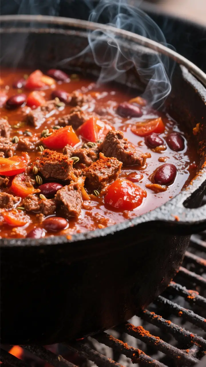Close-up detail: Smoked chili gently burbling in an uncovered cast-iron Dutch oven on a smoker, visi