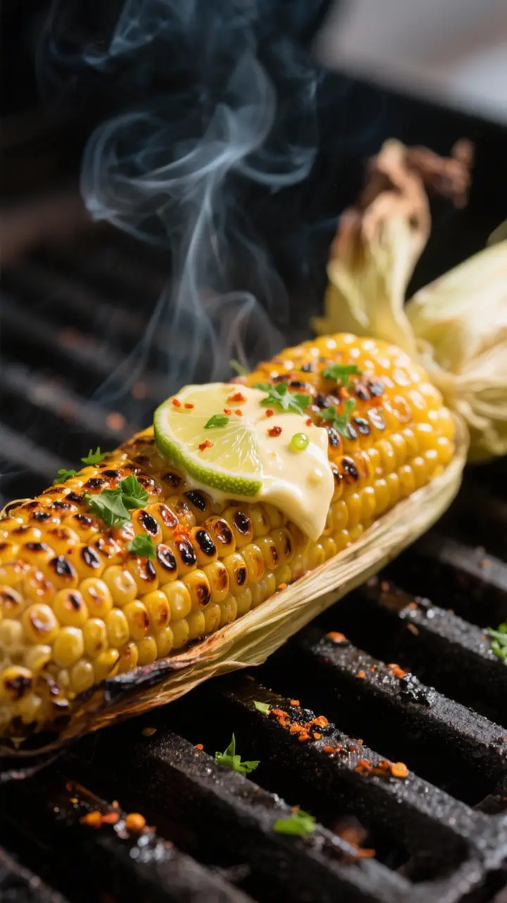 Close-up detail: Smoked corn on the cob just after the char finish, husks pulled back and tied, kern