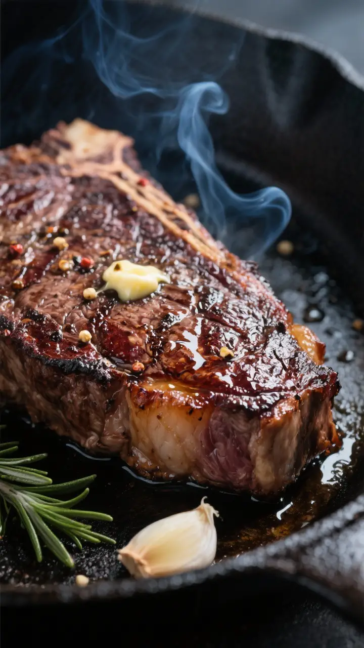 Close-up detail: Smoked ribeye steak just after the sear, deep mahogany crust with visible peppery b