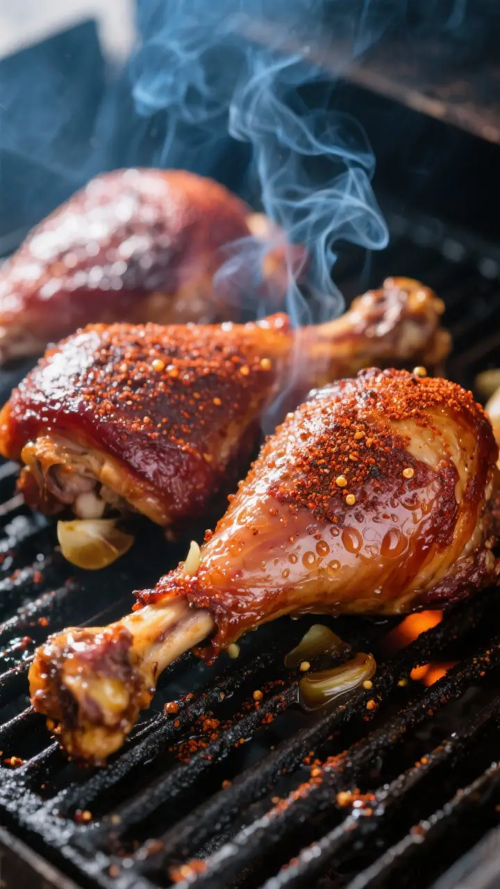Close-up detail: Smoked turkey legs on the smoker grates at 250–275°F, richly mahogany skin with 