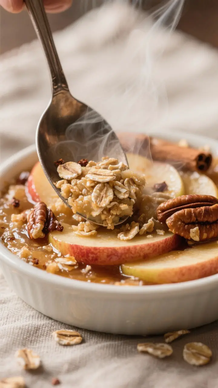Close-up detail: Spoon breaking into the finished Apple Spoon-up, ultra-close shot capturing the con
