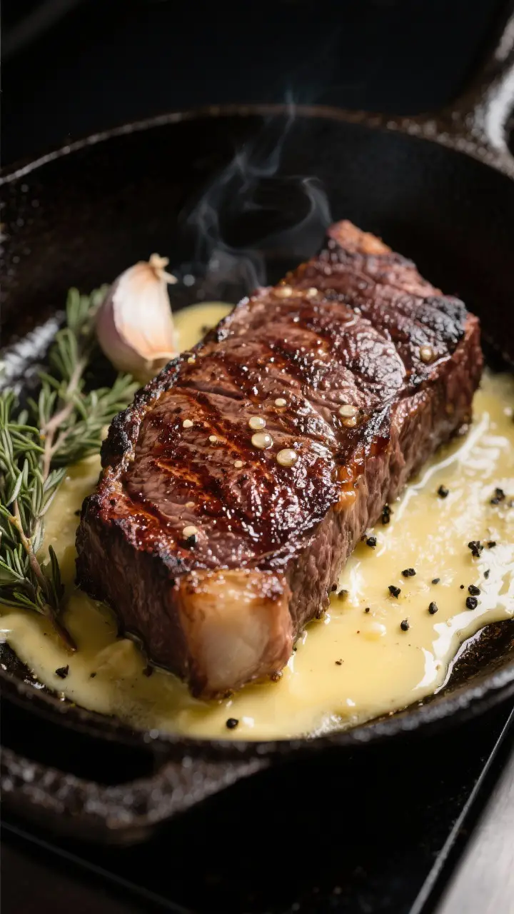 Close-up detail: Strip steak mid-sear in a heavy cast-iron skillet, deep mahogany crust forming with