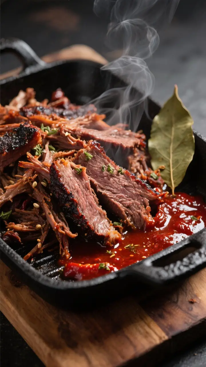 Close-up detail: Succulent smoked barbacoa just after shredding in its rich chili-braised juices, gl