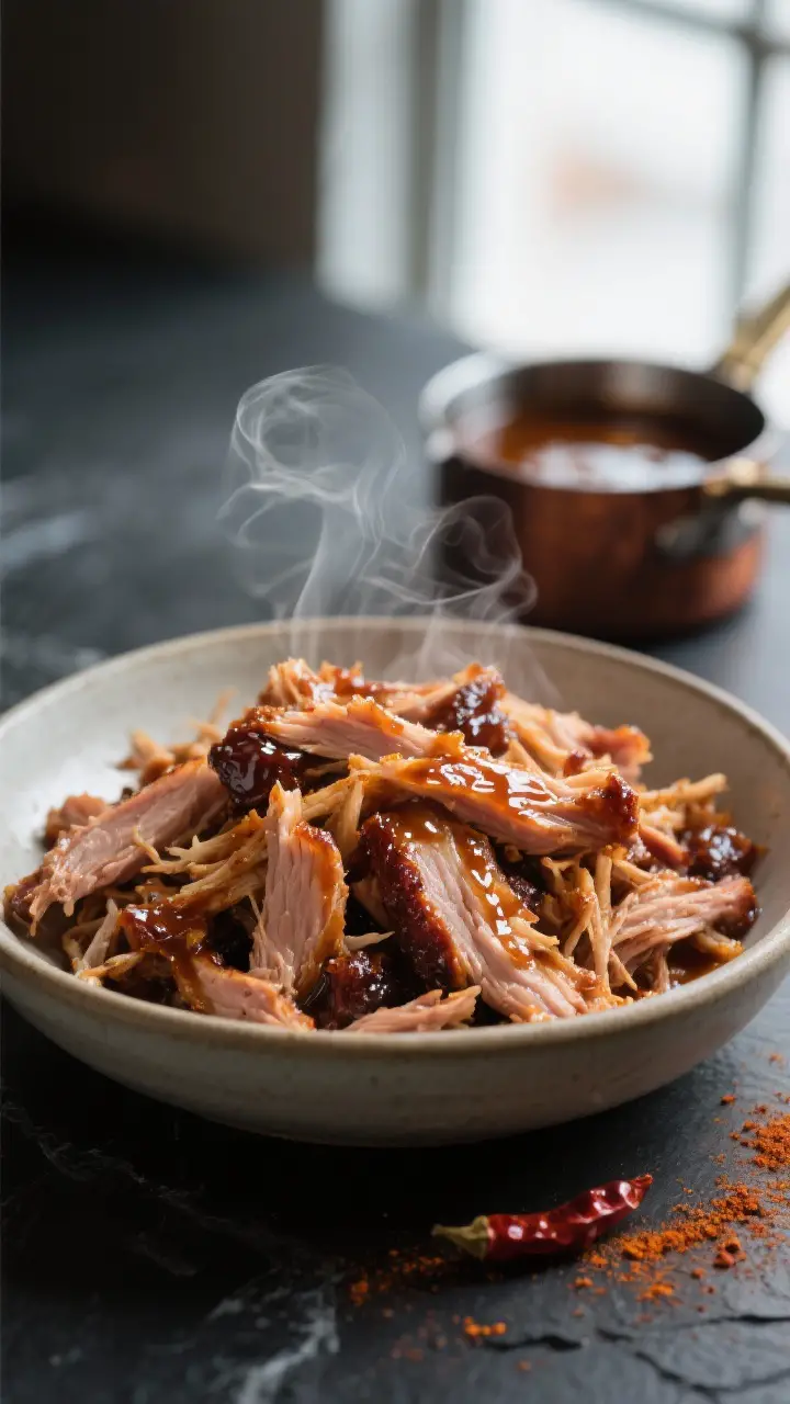 Close-up detail: Tender, freshly shredded root beer pulled pork in a wide, shallow bowl, glistening