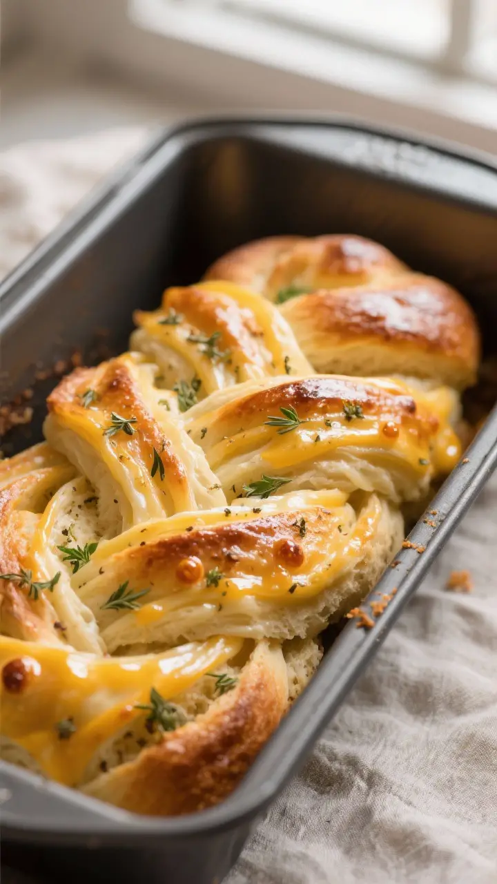 Close-up detail: Twisted ribbon-cheese loaf just out of the oven in a 9x5-inch pan, deep golden crus