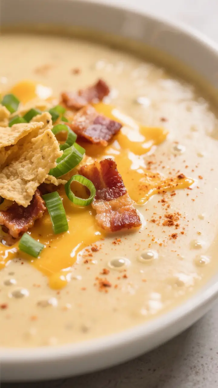 Close-up detail: Ultra close-up of the final soup surface in a bowl, showing velvety, glossy creamin