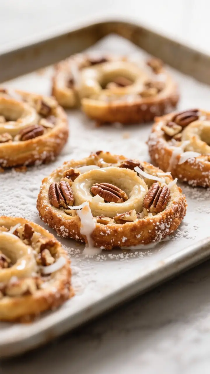Close-up detail: Warm Coconut Pecan Coils just out of the oven on a parchment-lined baking sheet, ed