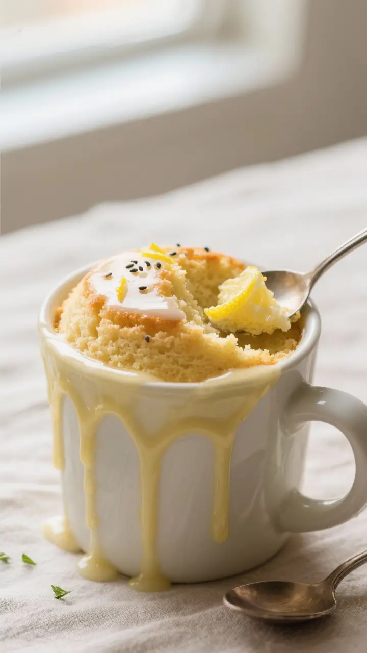 Close-up detail: Warm lemon mug cake just microwaved in a 10–12 oz ceramic mug, top set and slight