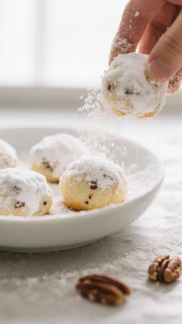 Close-up detail: Warm pecan snowball cookies just out of the oven being rolled in powdered sugar for