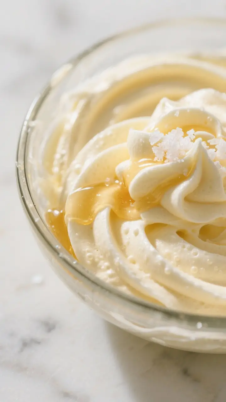 Close-up detail: whipped honey butter just after final whipping in a glass mixing bowl, silky pale-g