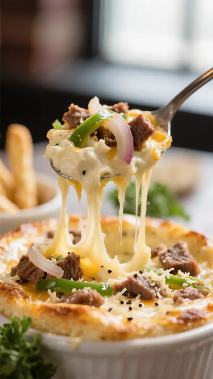 Close-up final scoop, cheese pull: Extreme close-up of a scoop lifted from the Philly Cheesesteak Di