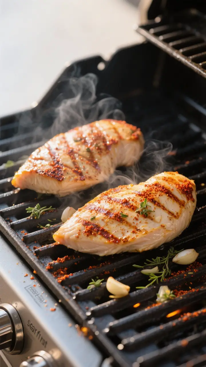 Close-up sear detail: Juicy gas-grilled chicken breasts on hot grates during the “sear first” st