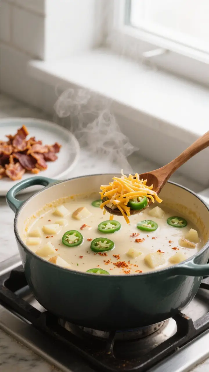 Cooking process: A Dutch oven on the stovetop with jalapeno popper soup mid-simmer, showing tender d