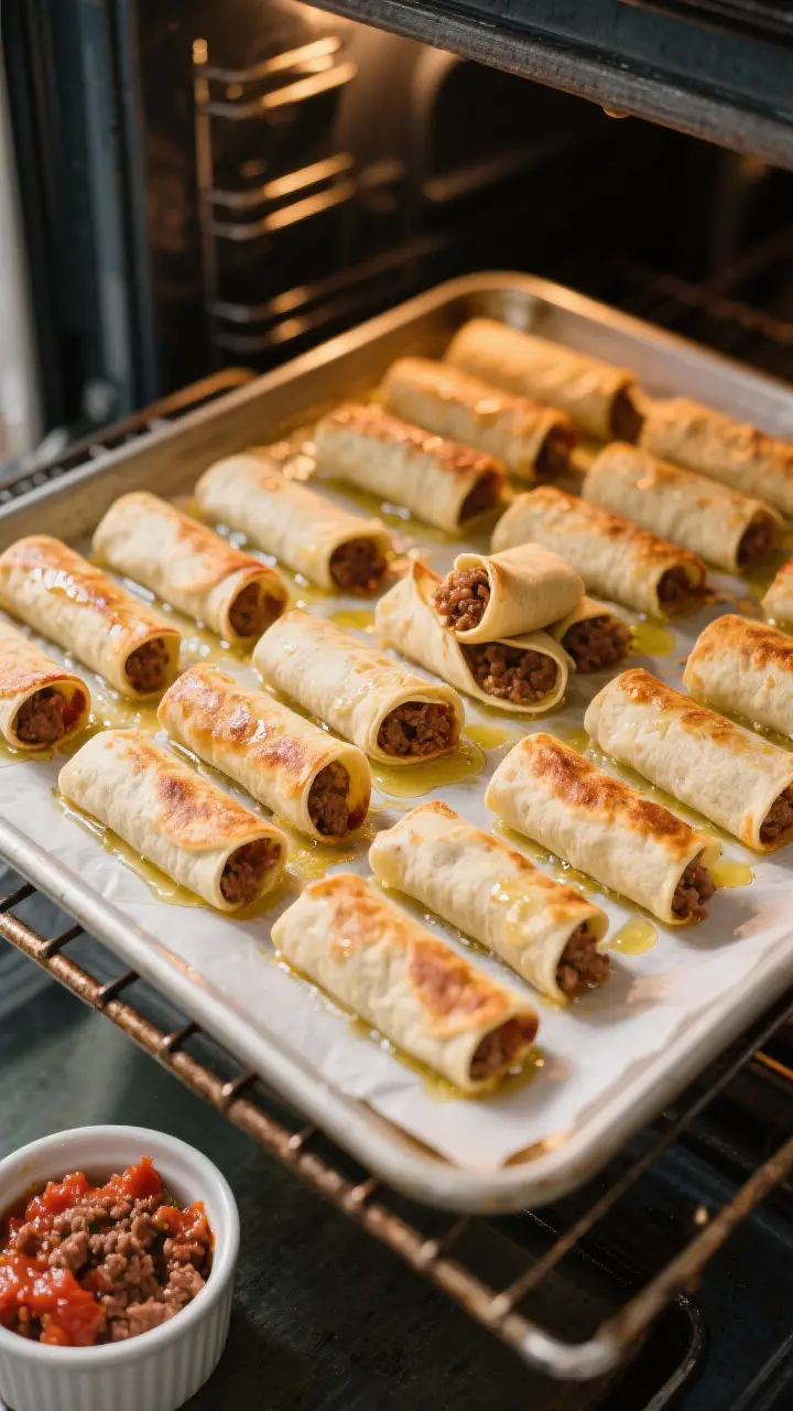 Cooking process: A sheet pan of assembled taquitos in the oven mid-bake at 425°F, lightly brushed w