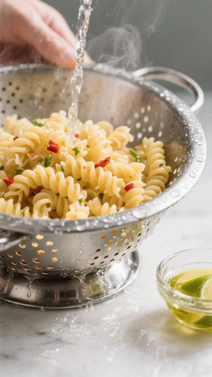 Cooking process, action close-up: Al dente rotini being rinsed under cold water in a stainless steel