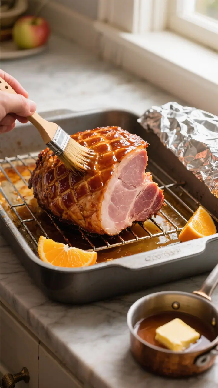 Cooking process action: Overhead shot of the ham mid-roast on a rack in a roasting pan, uncovered, w