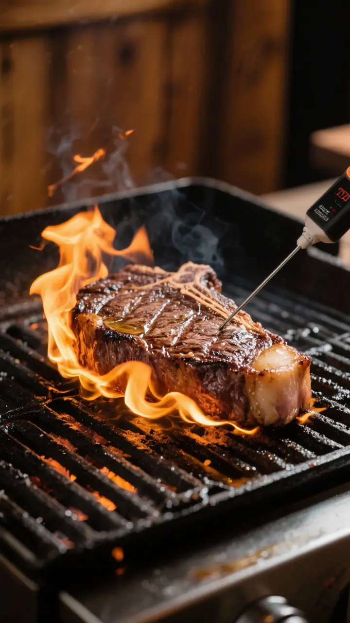 Cooking process action: Ribeye on a blazing hot grill grate for the final sear at 500–600°F, flam