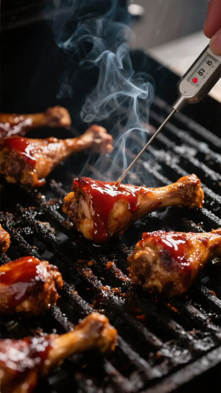 Cooking process action shot: drumsticks on the smoker during the final crisping stage at 300°F, som