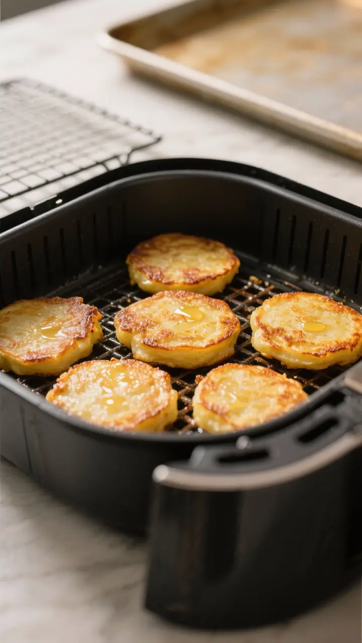 Cooking process: Air fryer basket shot mid-cook from a 3/4 angle, a single layer of 1/2-inch-thick p