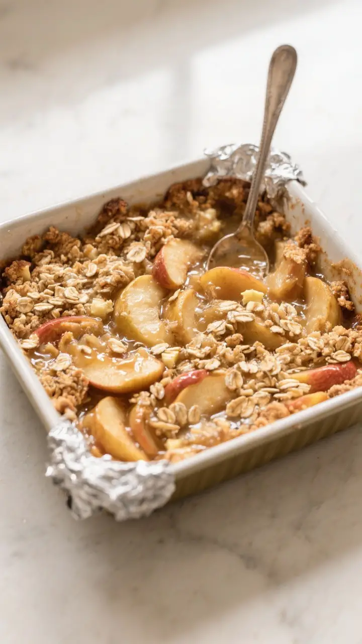Cooking process: Apple Spoon-up mid-bake in a 9-inch square baking dish, overhead shot of bubbling, 