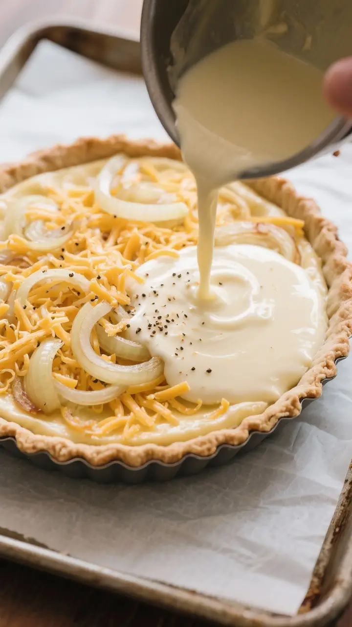 Cooking process: Assembling the Fork ’n Finger Onion Pie in a blind-baked 9-inch crust—overhead 