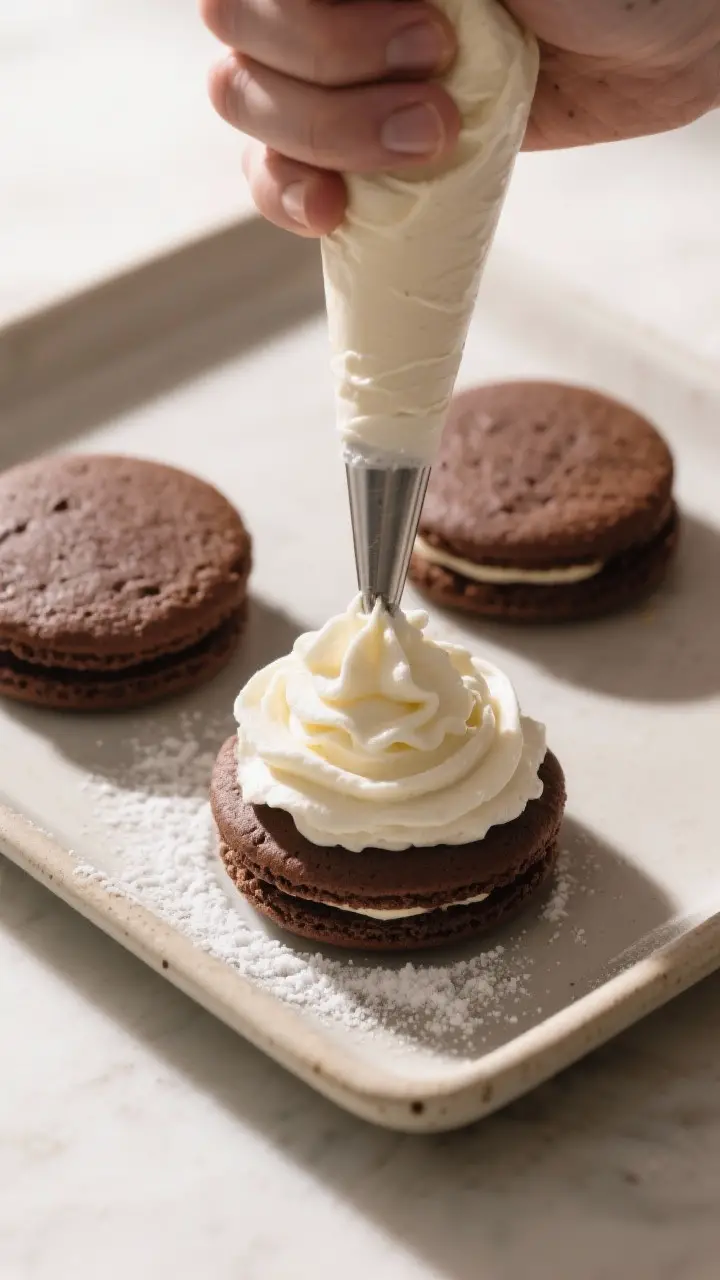 Cooking process: Assembling the whoopie pies—thick, fluffy marshmallow-butter filling being piped 