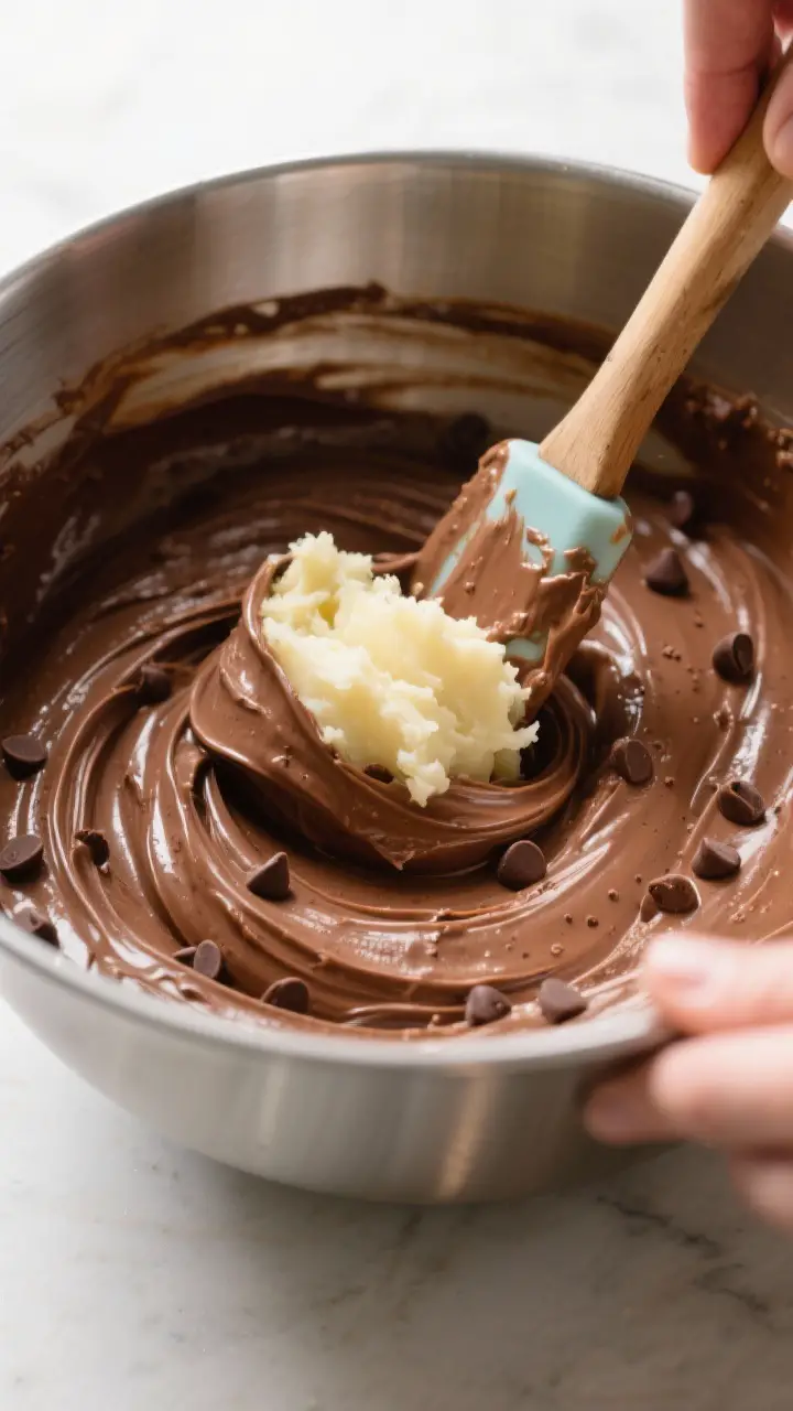 Cooking process: Batter being folded with silky mashed potatoes — close-up, 3/4 angle. A glossy ch