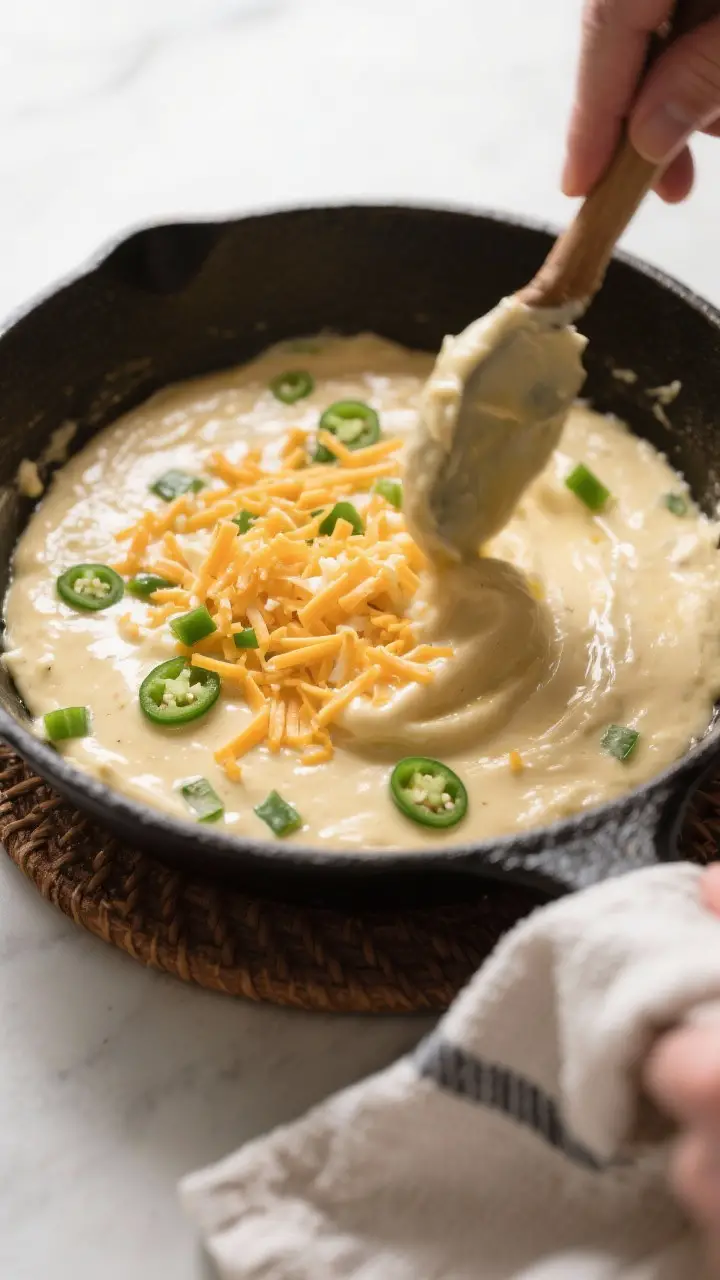 Cooking process: Batter being spread into a preheated, buttered cast-iron skillet, surface thick and