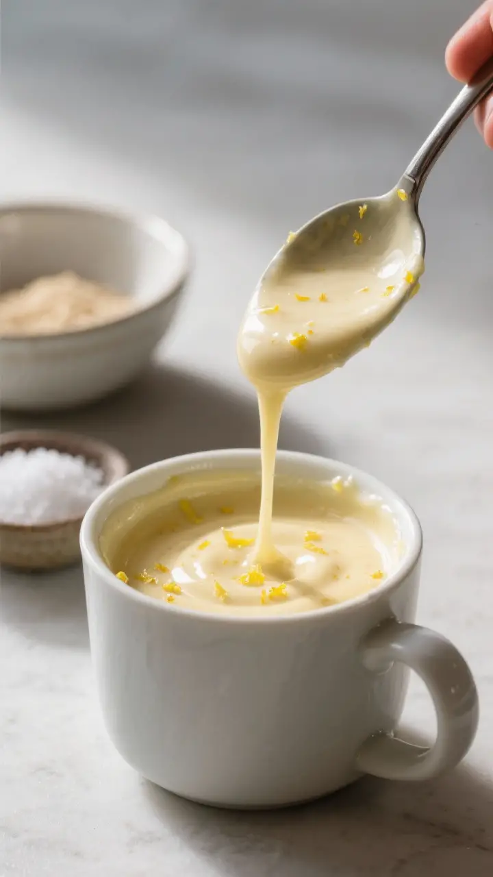 Cooking process: Batter consistency check for lemon mug cake in the mug—smooth, thick-but-pourable