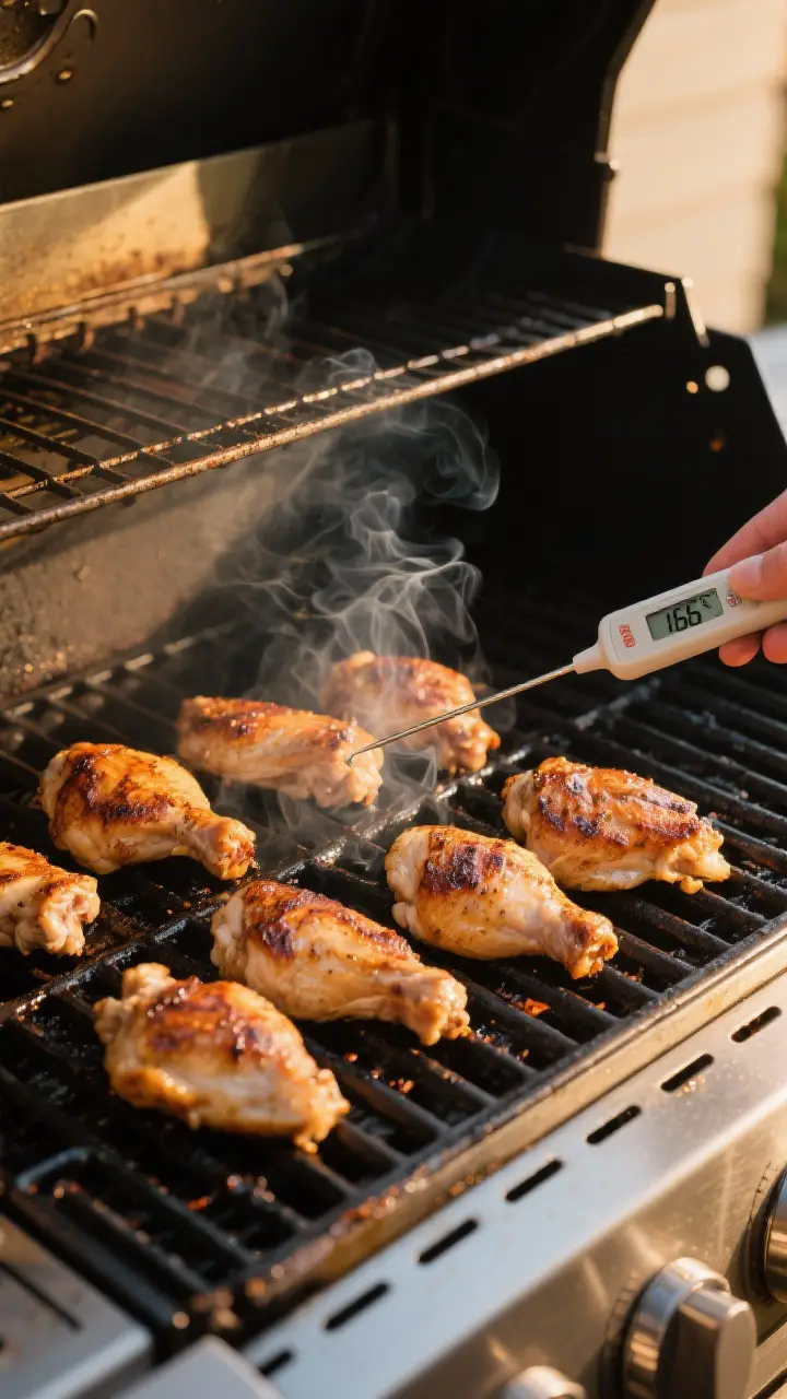 Cooking process: Boneless chicken thighs finishing over indirect heat on a gas or charcoal grill at 