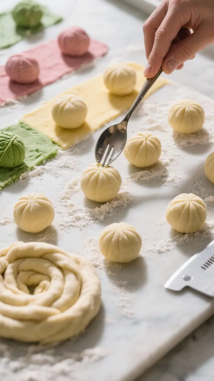 Cooking process: Butter mint dough being shaped on a lightly dusted surface—uniform teaspoon-sized