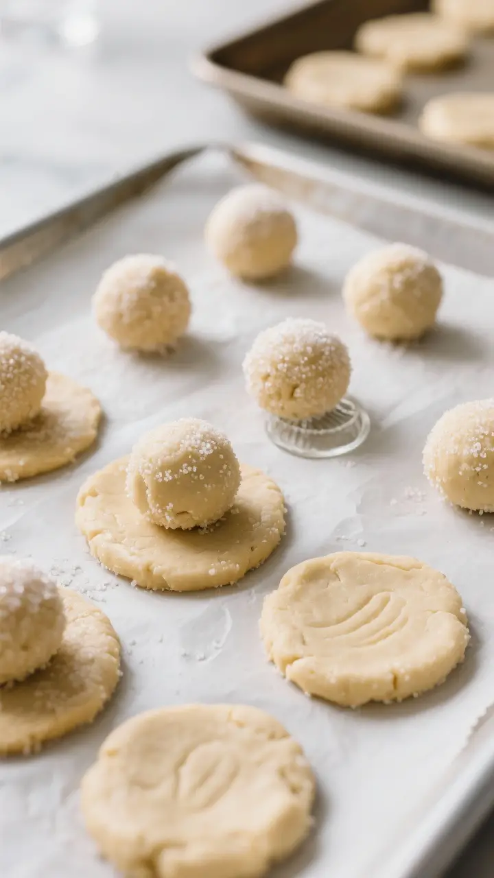 Cooking process: Buttersnap dough portions being flattened to about 1/2 inch on a parchment-lined sh