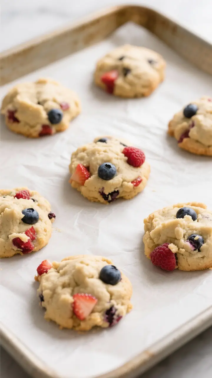 Cooking process: Chilled mounds of Berry Batch Cookie dough on a parchment-lined baking sheet just o