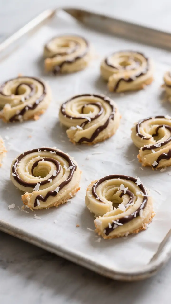 Cooking process: Chilled spiral coils on a tray before baking, perfectly formed spirals with tucked 