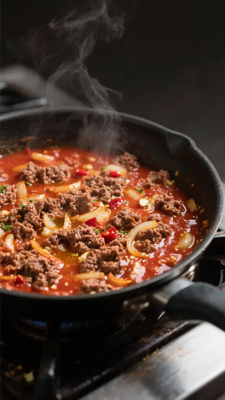 Cooking process close-up: A 12-inch skillet on the stovetop with browned ground beef and softened on