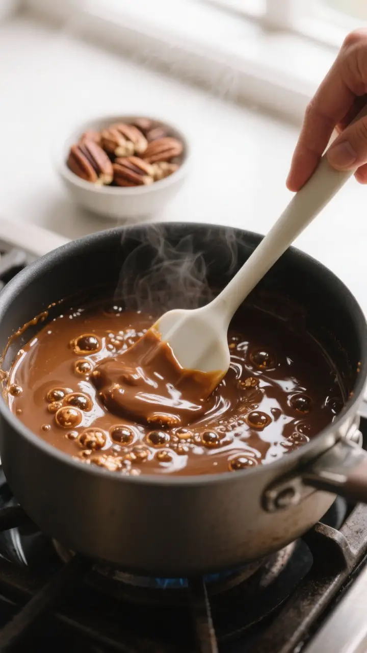 Cooking process close-up: A bubbling saucepan of praline mixture at a steady boil, glossy and slight