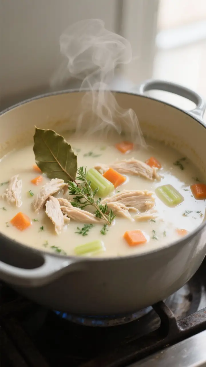 Cooking process close-up: A medium pot on the stove with a silky cream of chicken soup simmering gen