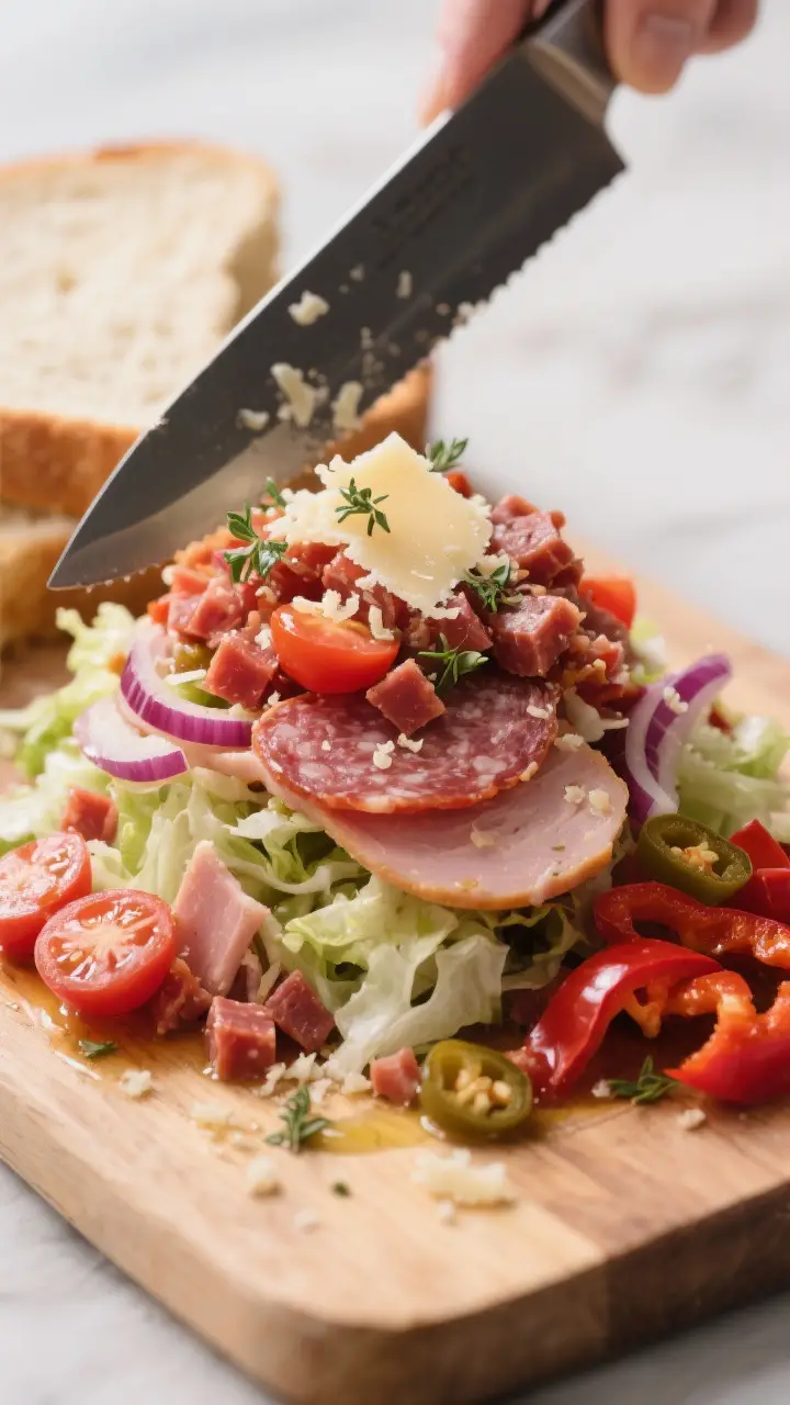 Cooking process close-up: A neat mound of chopped Italian sandwich filling on a wooden cutting board