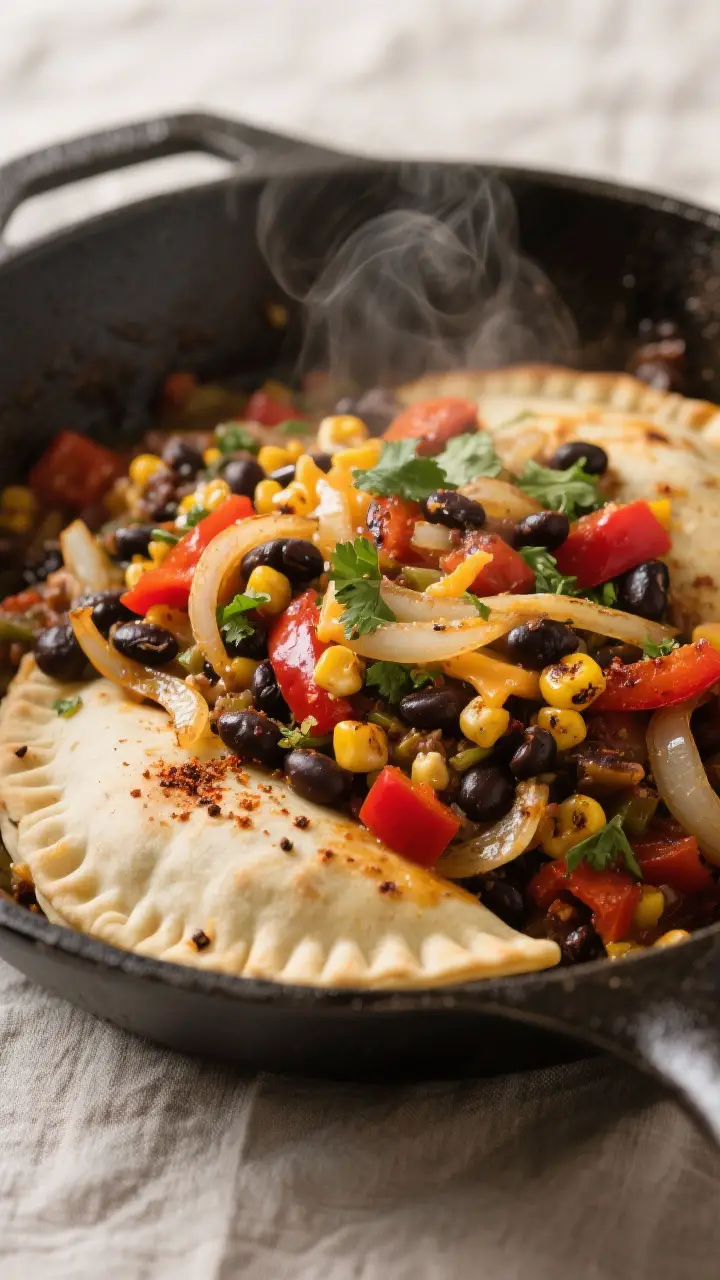 Cooking process close-up: A skillet of the vegetarian empanada filling just finished cooking—softl
